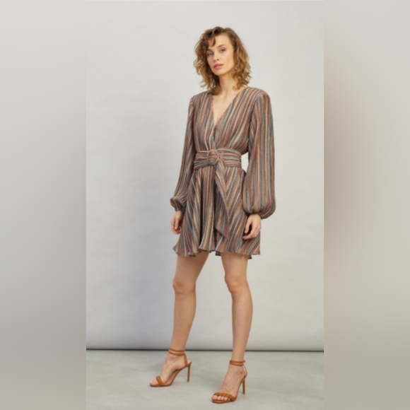 ELLIATT Layla Multi Stripe Long Sleeve Dress | Mini Wrap Look | No  Belt | M - Picture 2 of 10